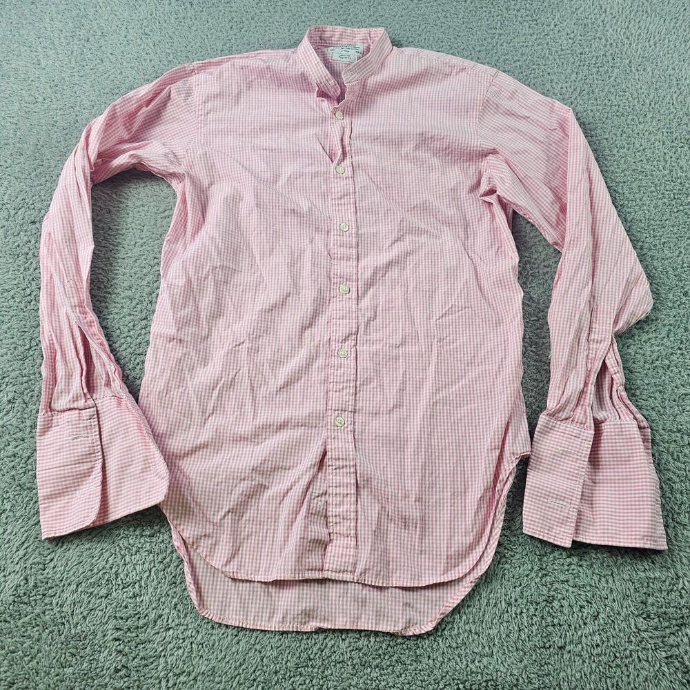 TM Lewin Dress Shirt Mens 14.5 33.5 Pink Gingham Collarless Regular French Cuff
